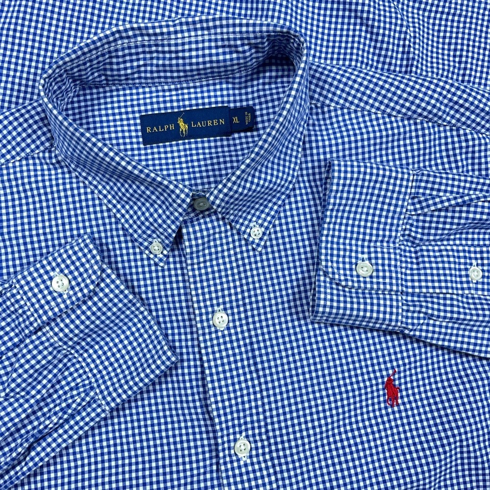 Ralph Lauren Shirt Men XL Blue Red Button Up Gingham Check Poplin Dress Casual